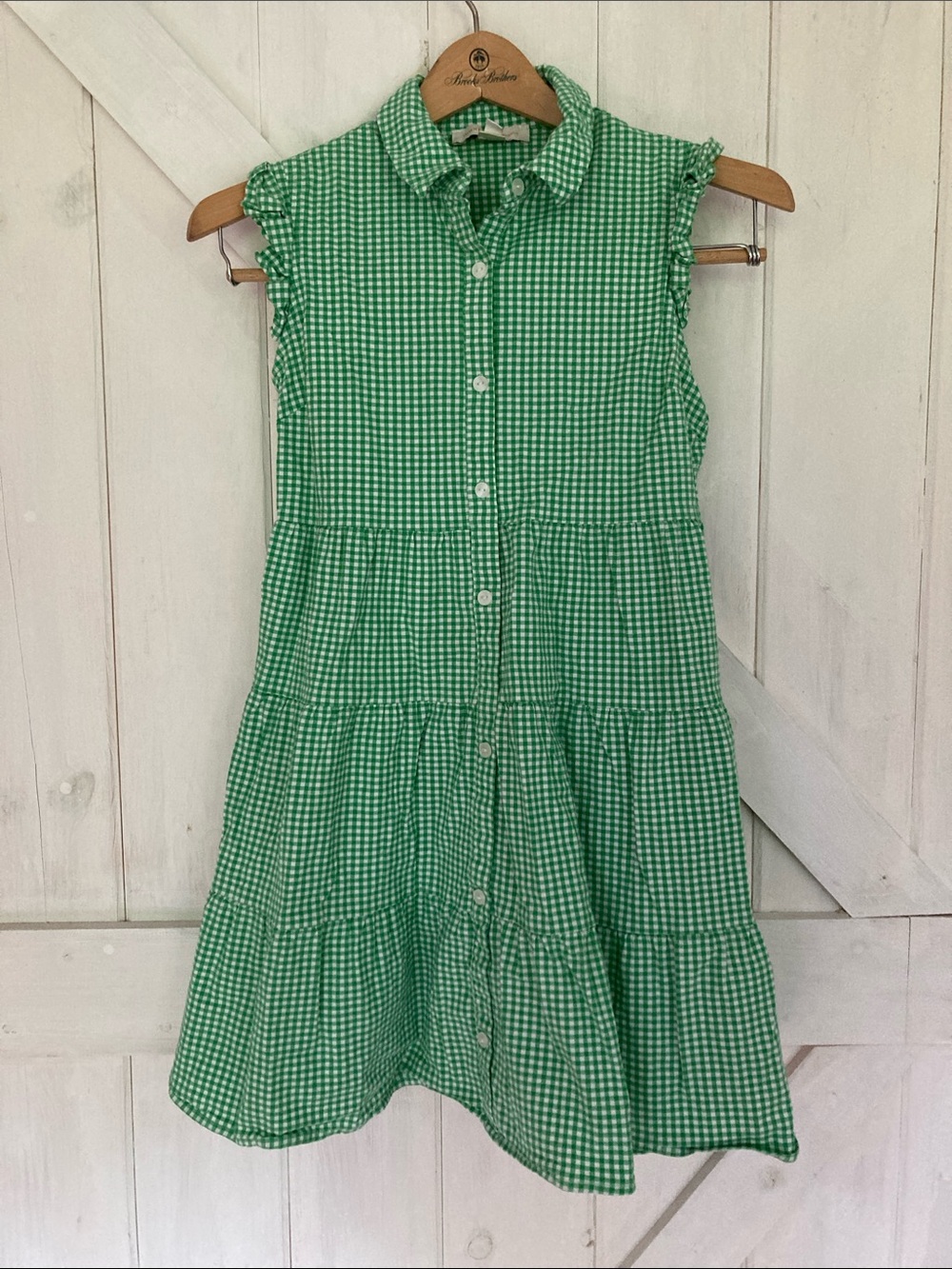 Girls' Green Gingham Button-Front Tiered Dress
